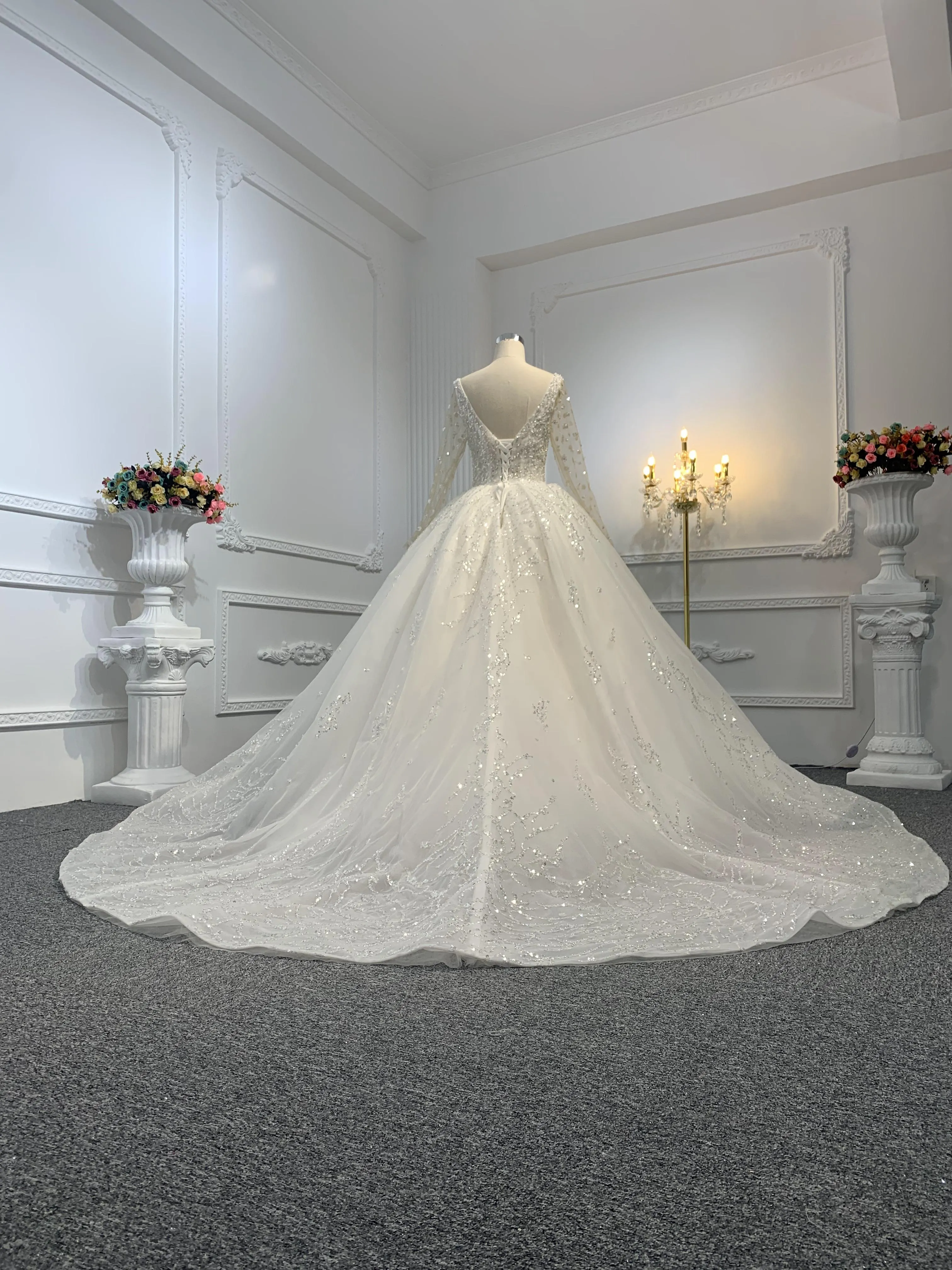 B212-The Luxury Beading Long Sleeve Ball Gown With Long Train