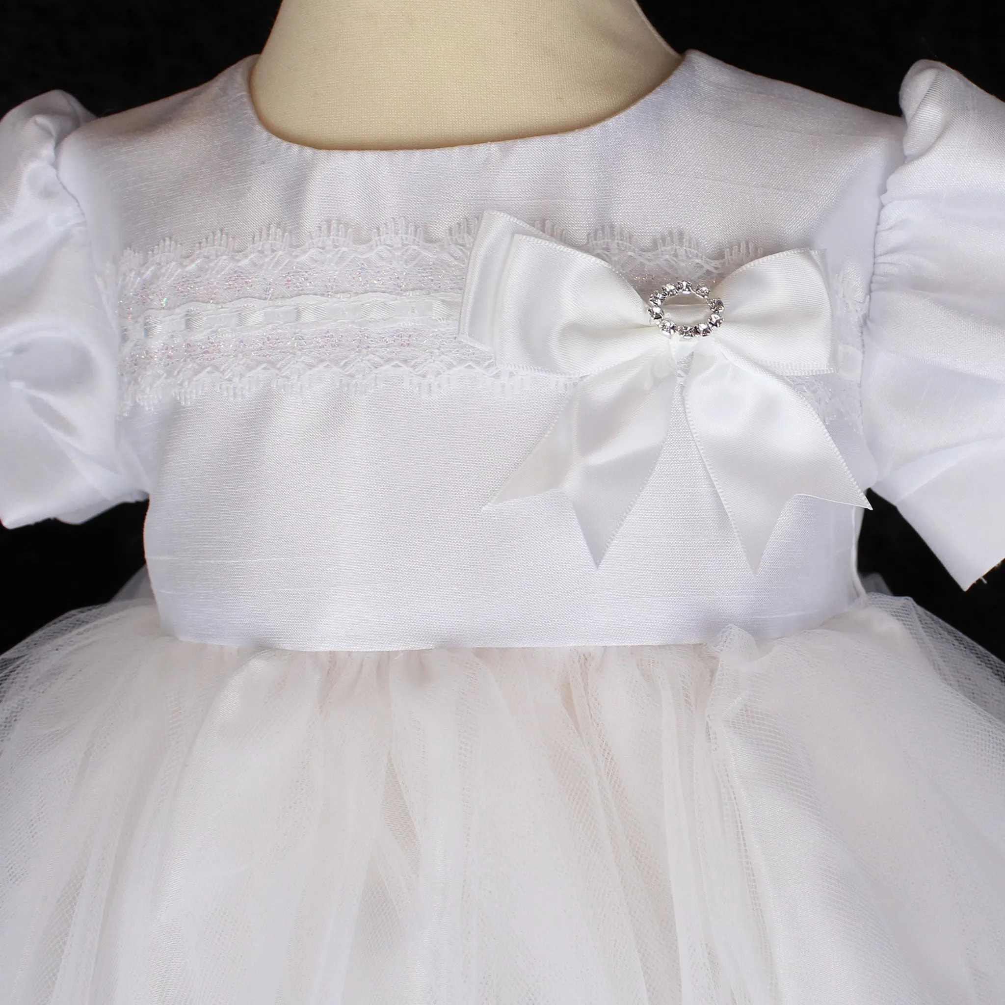 Baby Girls White Diamante Bow Christening Baptism Dress