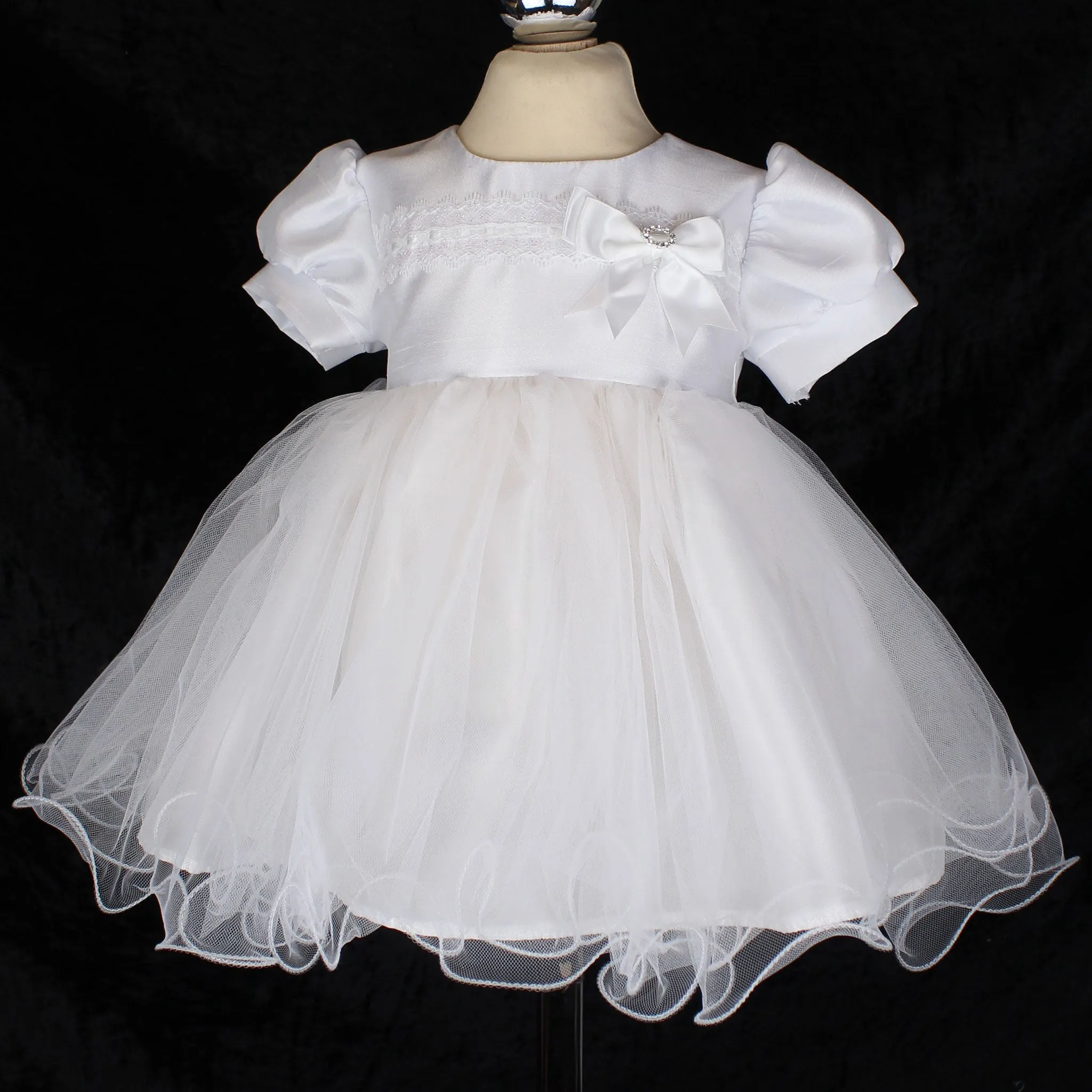 Baby Girls White Diamante Bow Christening Baptism Dress