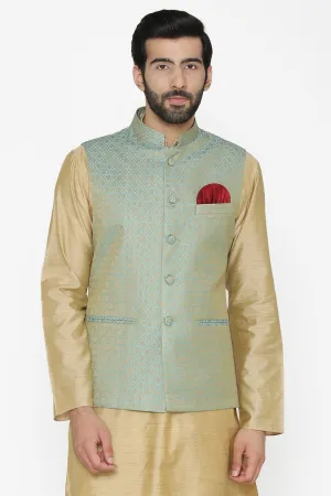 Banarasi Art Silk Cotton Blend Blue Modi Nehru Jacket