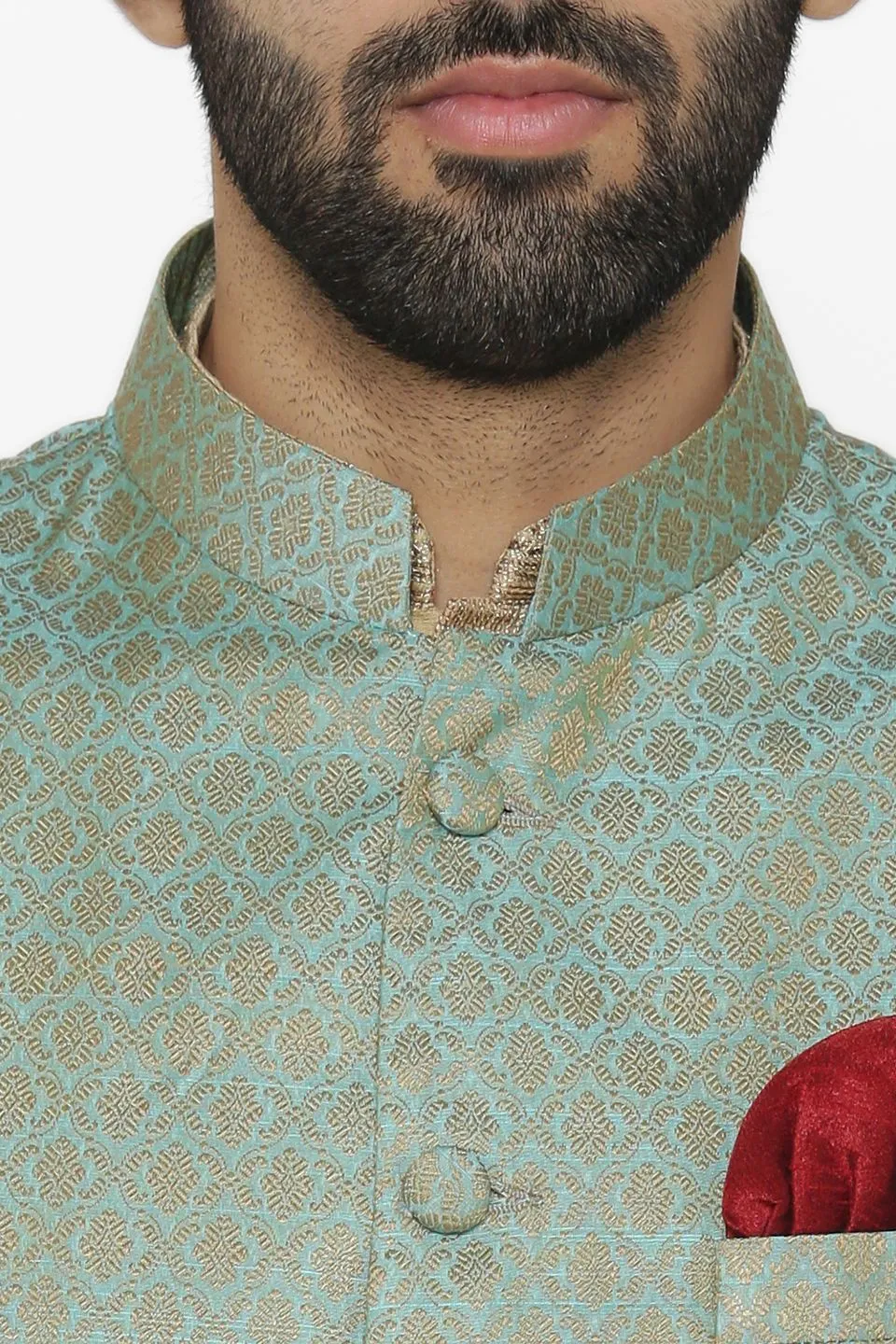 Banarasi Art Silk Cotton Blend Blue Modi Nehru Jacket