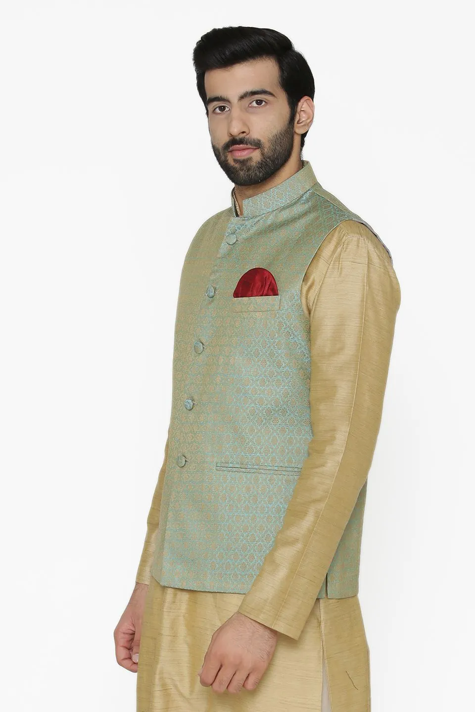 Banarasi Art Silk Cotton Blend Blue Modi Nehru Jacket