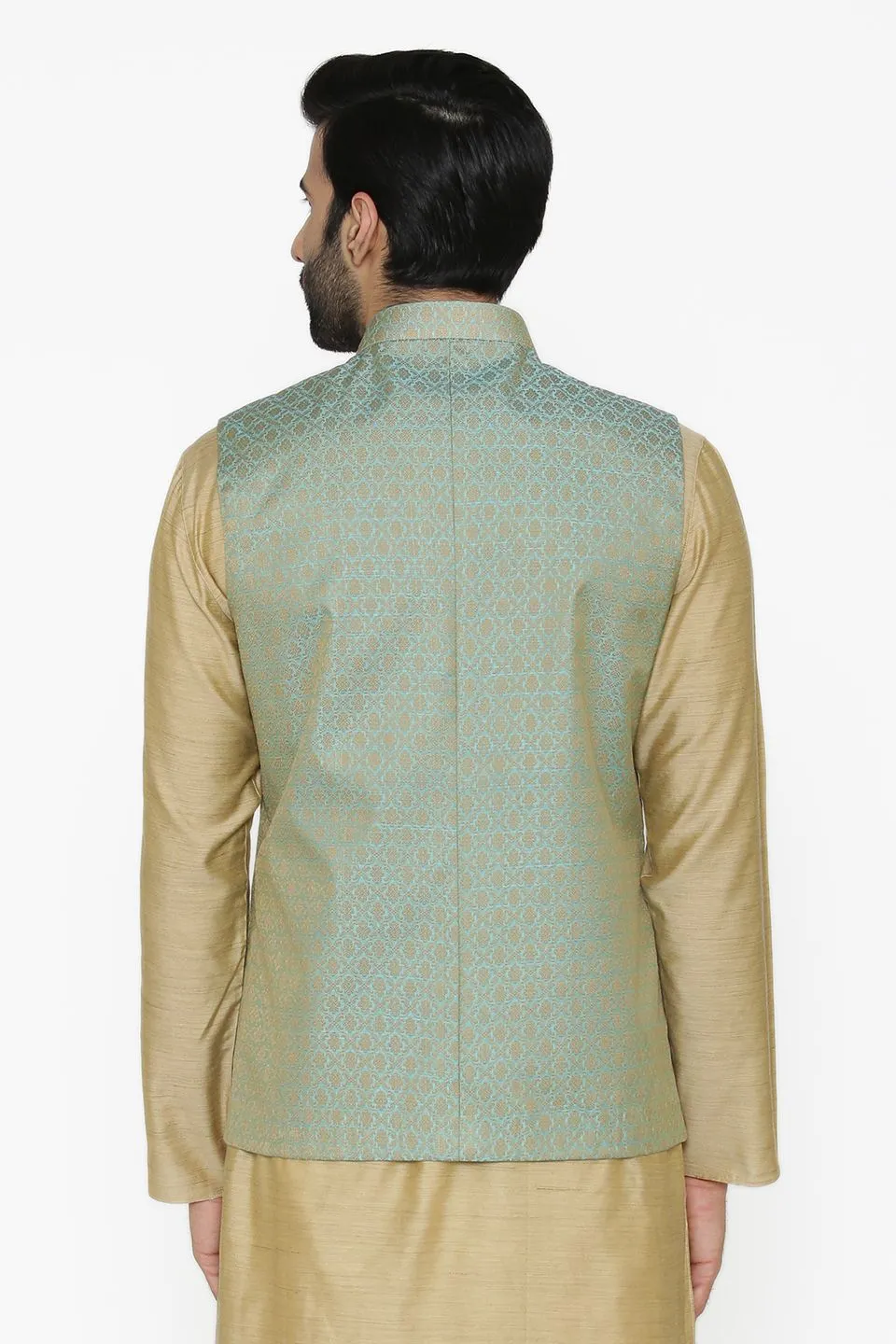 Banarasi Art Silk Cotton Blend Blue Modi Nehru Jacket