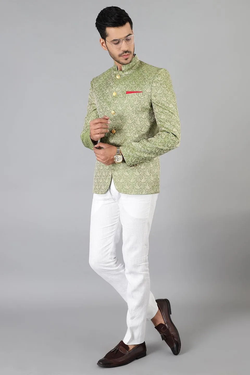 Banarasi Rayon Cotton Green Bandhgala