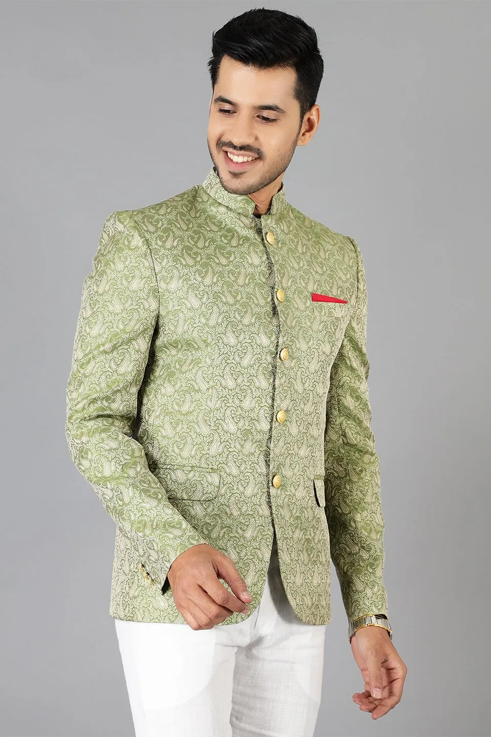 Banarasi Rayon Cotton Green Bandhgala