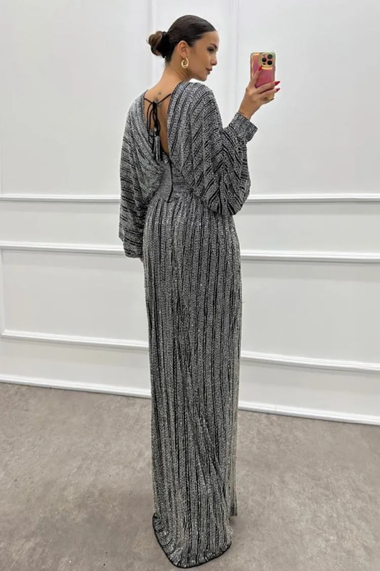 Bat Sleeve Hand Embroidered Design Evening Dress