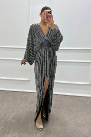 Bat Sleeve Hand Embroidered Design Evening Dress