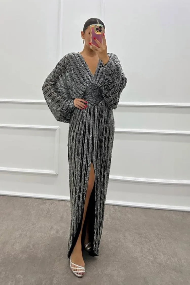 Bat Sleeve Hand Embroidered Design Evening Dress