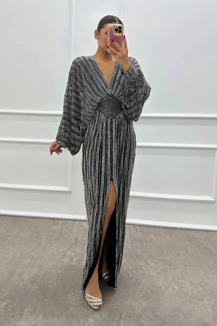 Bat Sleeve Hand Embroidered Design Evening Dress