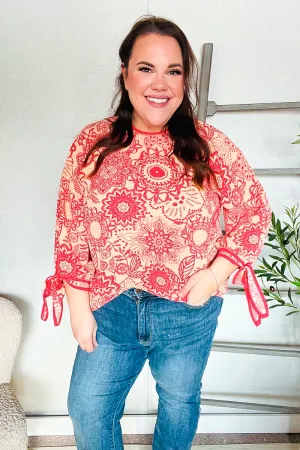 Be Bold Red & Coral Floral Long Sleeve Bow Tie Contrast Binding Top