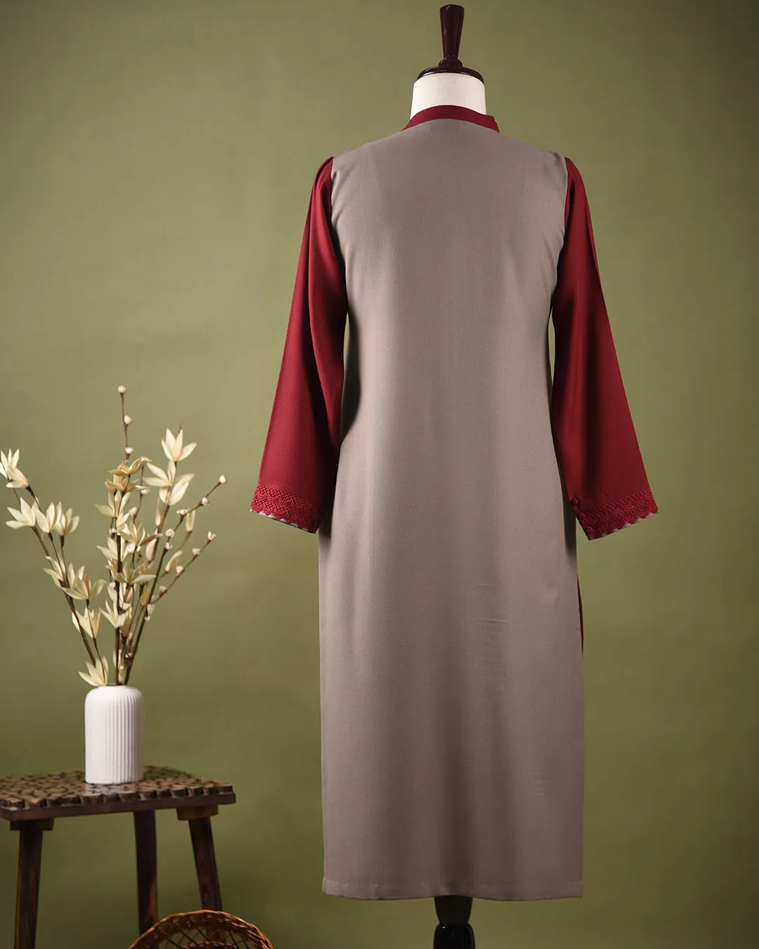 Beige With Maroon Winter Wear Wool Spun Blend Ready To Wear Kurta With Pant