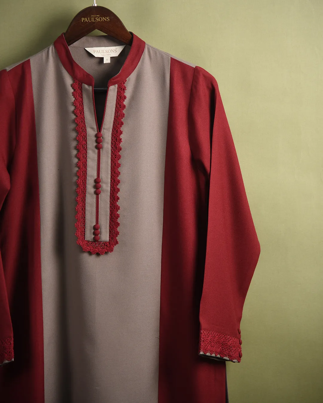 Beige With Maroon Winter Wear Wool Spun Blend Ready To Wear Kurta With Pant
