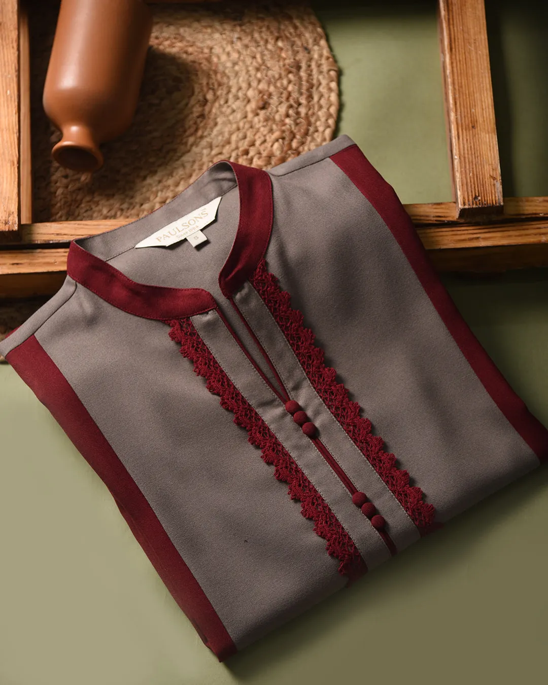 Beige With Maroon Winter Wear Wool Spun Blend Ready To Wear Kurta With Pant