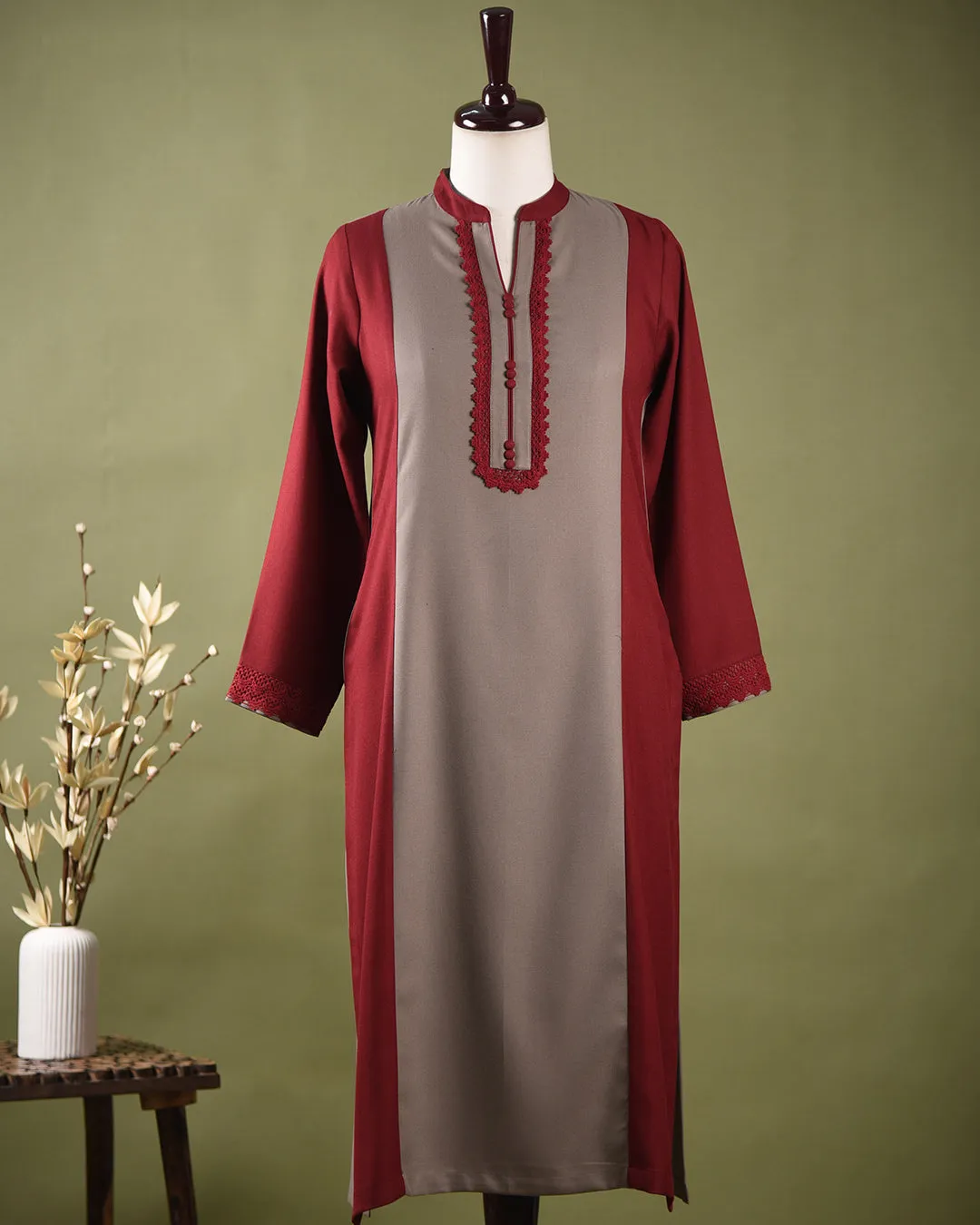 Beige With Maroon Winter Wear Wool Spun Blend Ready To Wear Kurta With Pant