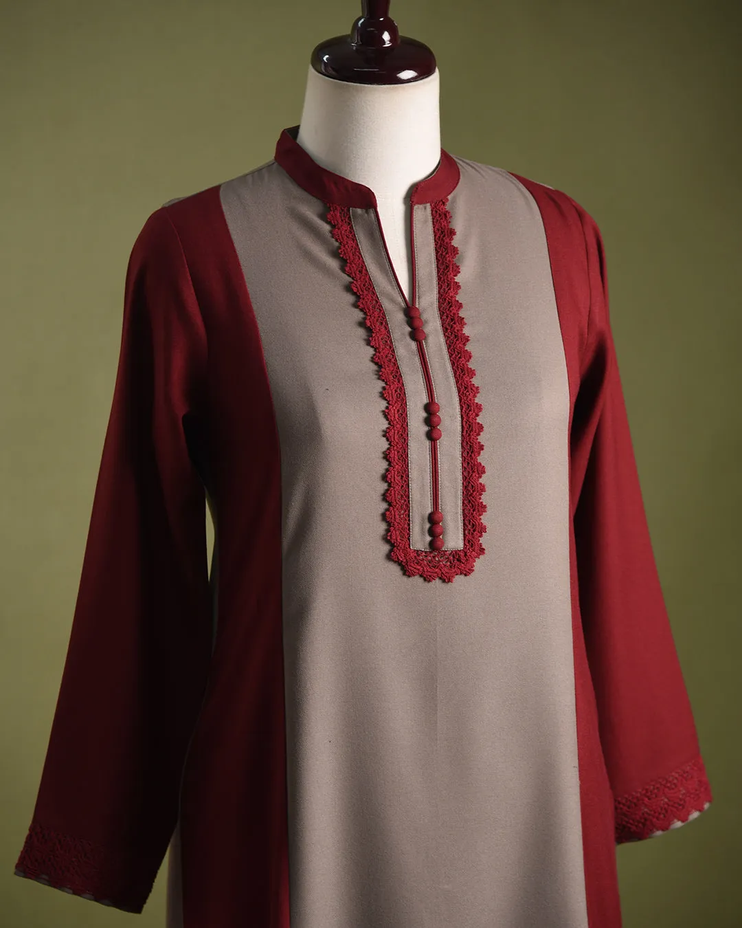 Beige With Maroon Winter Wear Wool Spun Blend Ready To Wear Kurta With Pant