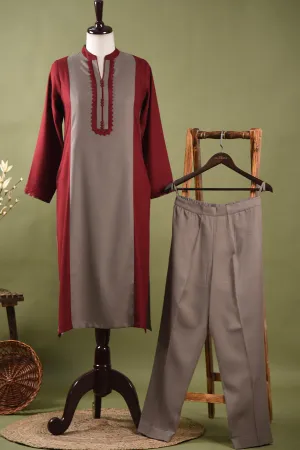 Beige With Maroon Winter Wear Wool Spun Blend Ready To Wear Kurta With Pant