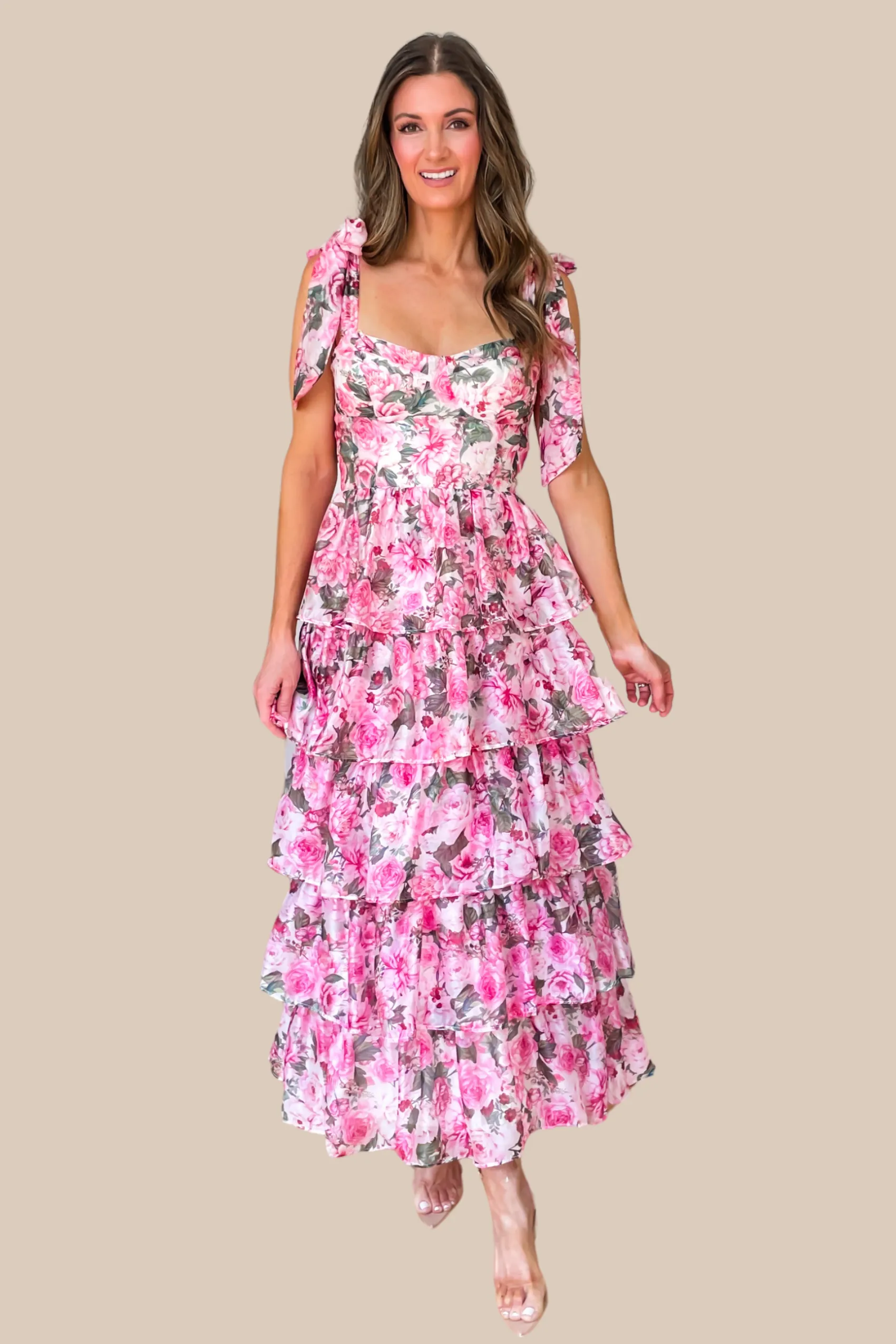 Bella Pink Floral Tiered Ruffle Midi Dress