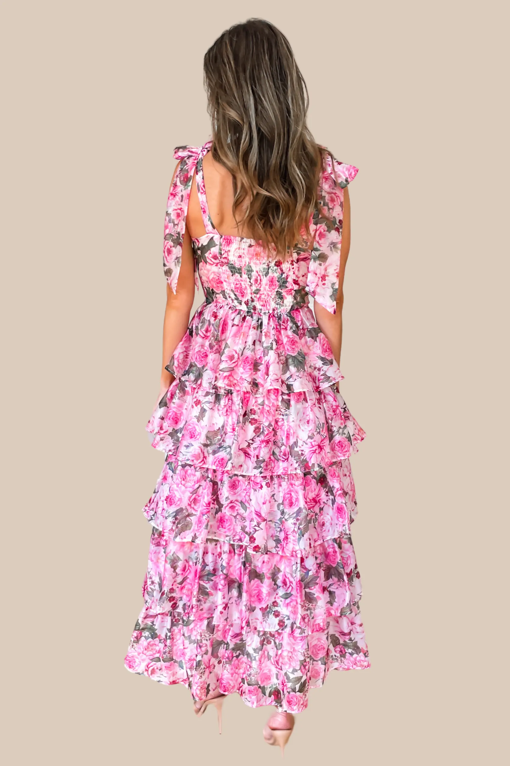 Bella Pink Floral Tiered Ruffle Midi Dress