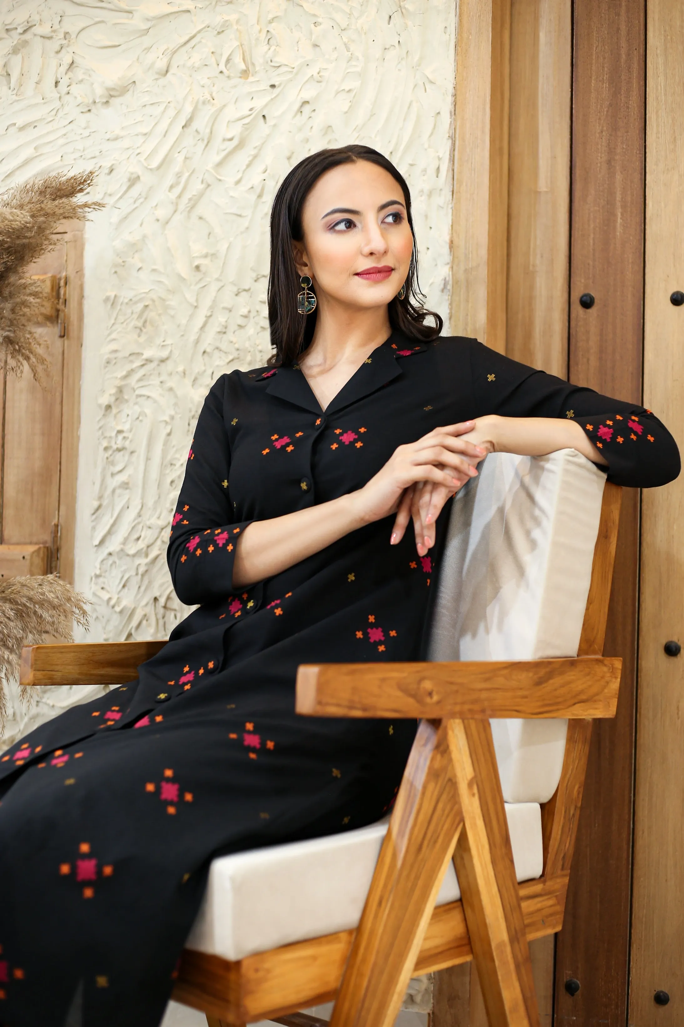 Black Cotton Pure Ready-To-Wear A-Line Embroidered Co-ord Set With Cullottes