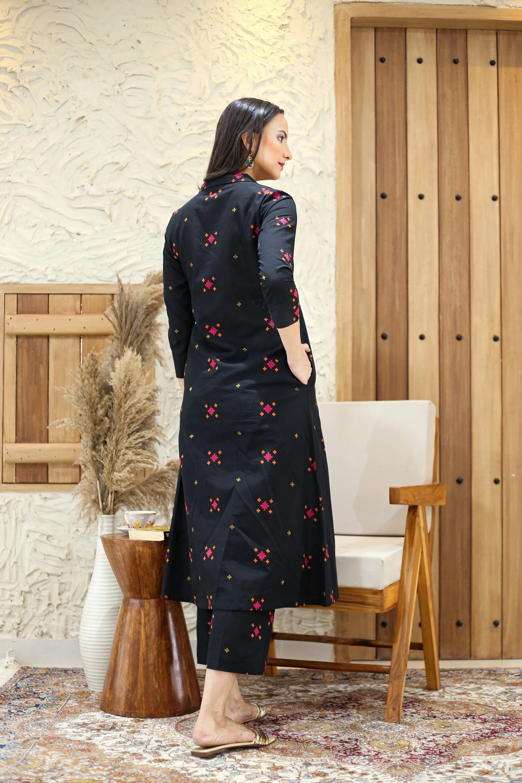 Black Cotton Pure Ready-To-Wear A-Line Embroidered Co-ord Set With Cullottes