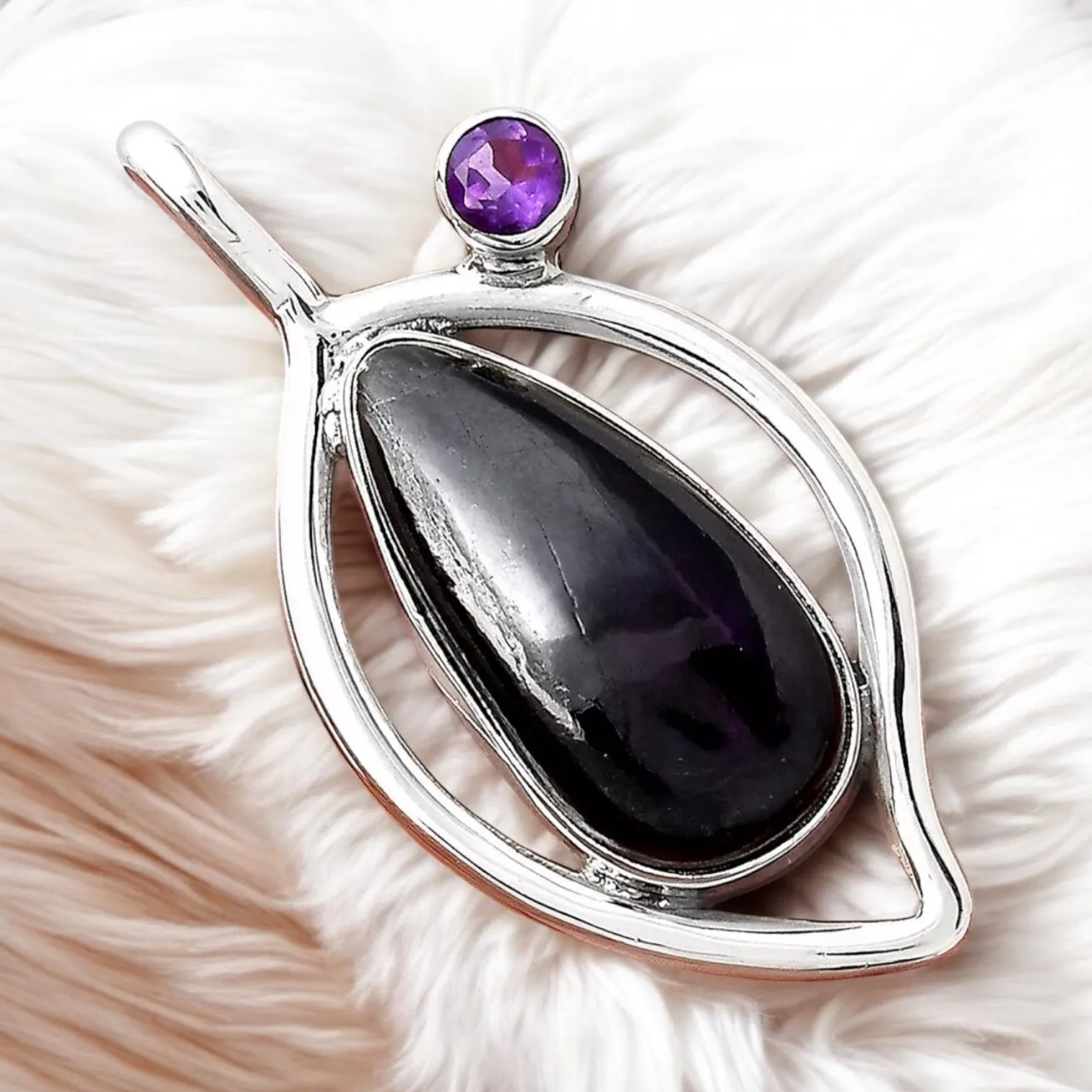 Black Onyx & Amethyst Solid 925 Sterling Silver Pendant