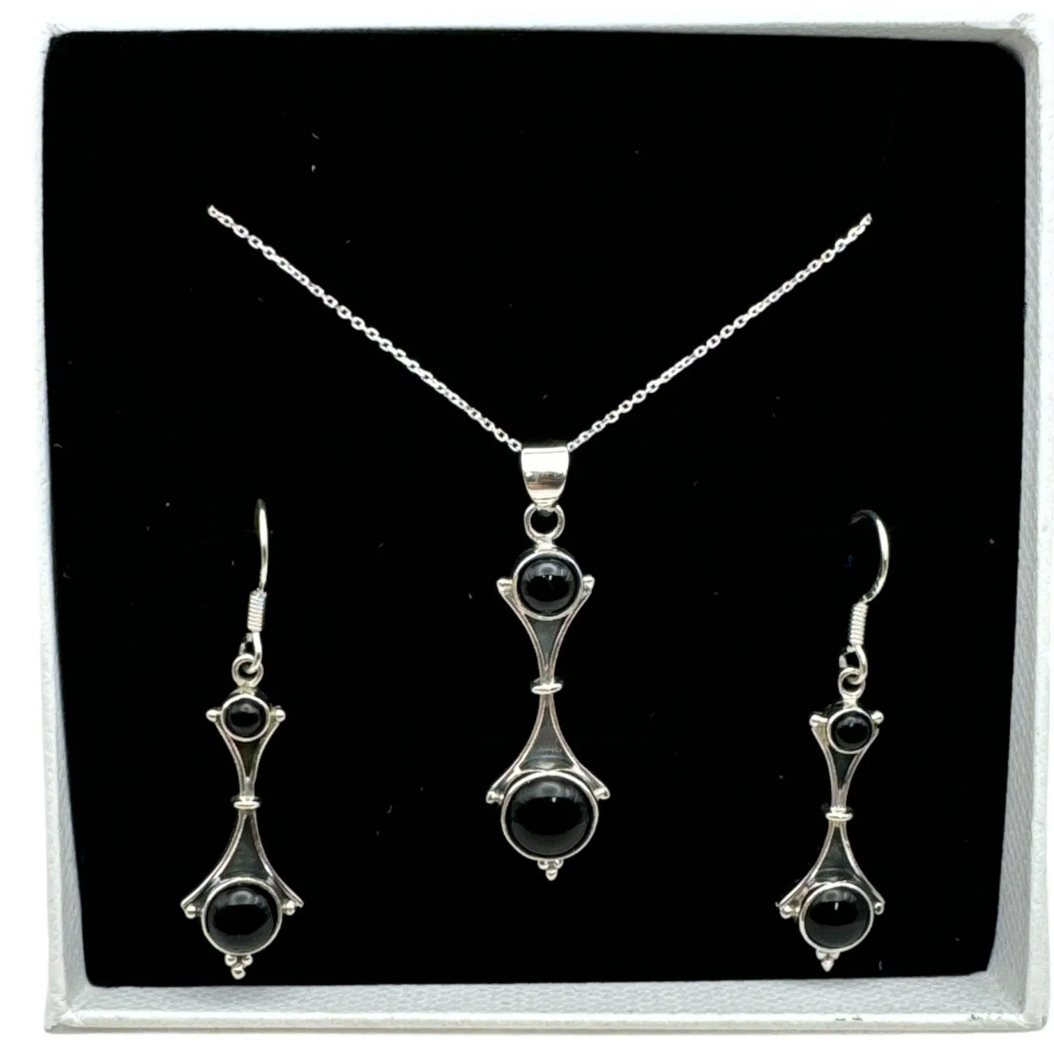 Black Onyx Solid 925 Sterling Silver Pendant Earrings Set