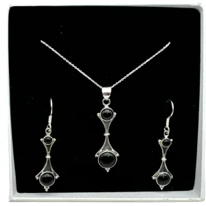 Black Onyx Solid 925 Sterling Silver Pendant Earrings Set