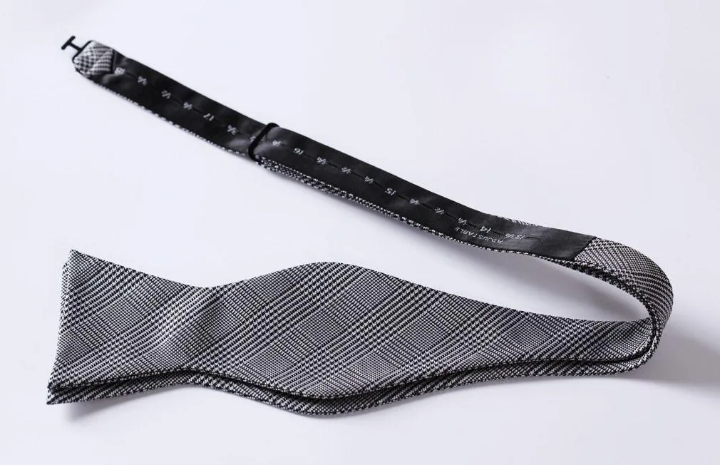 Black White Check Mens Silk Self tie Bow Tie with Pocket Squares Set