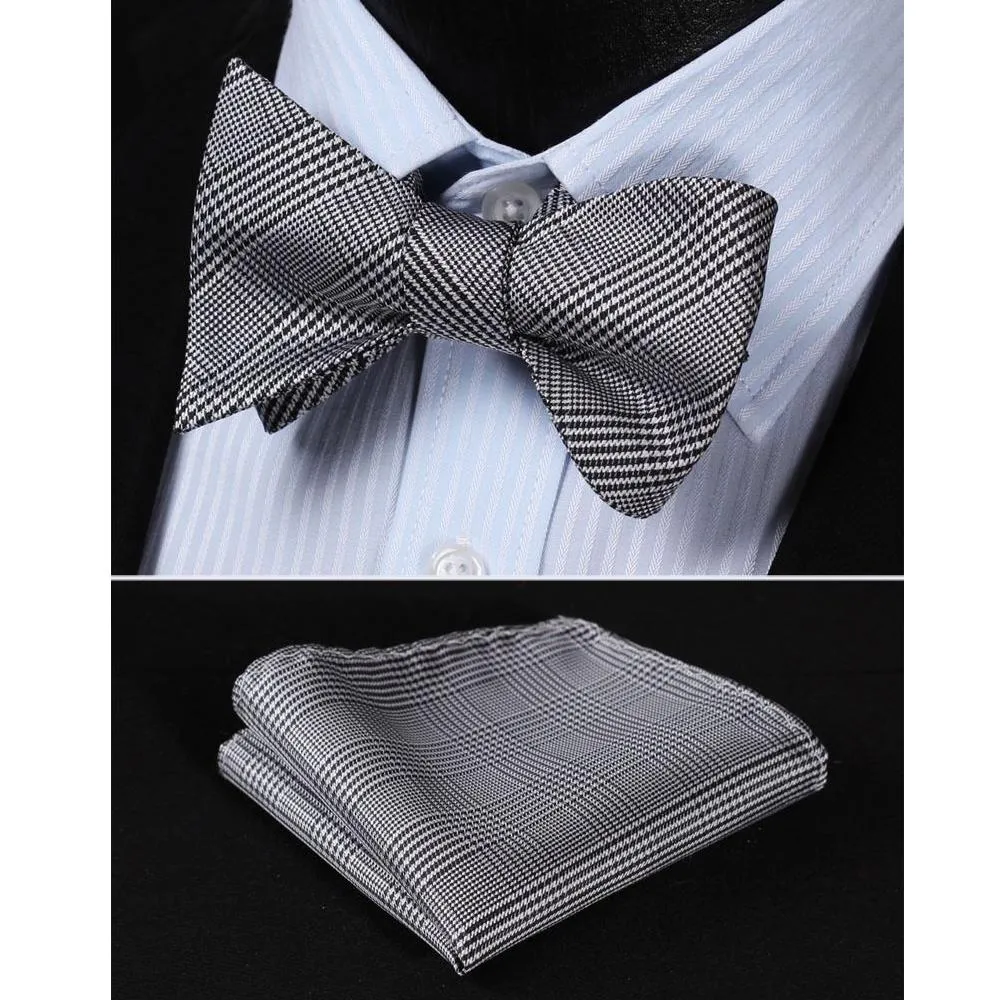 Black White Check Mens Silk Self tie Bow Tie with Pocket Squares Set