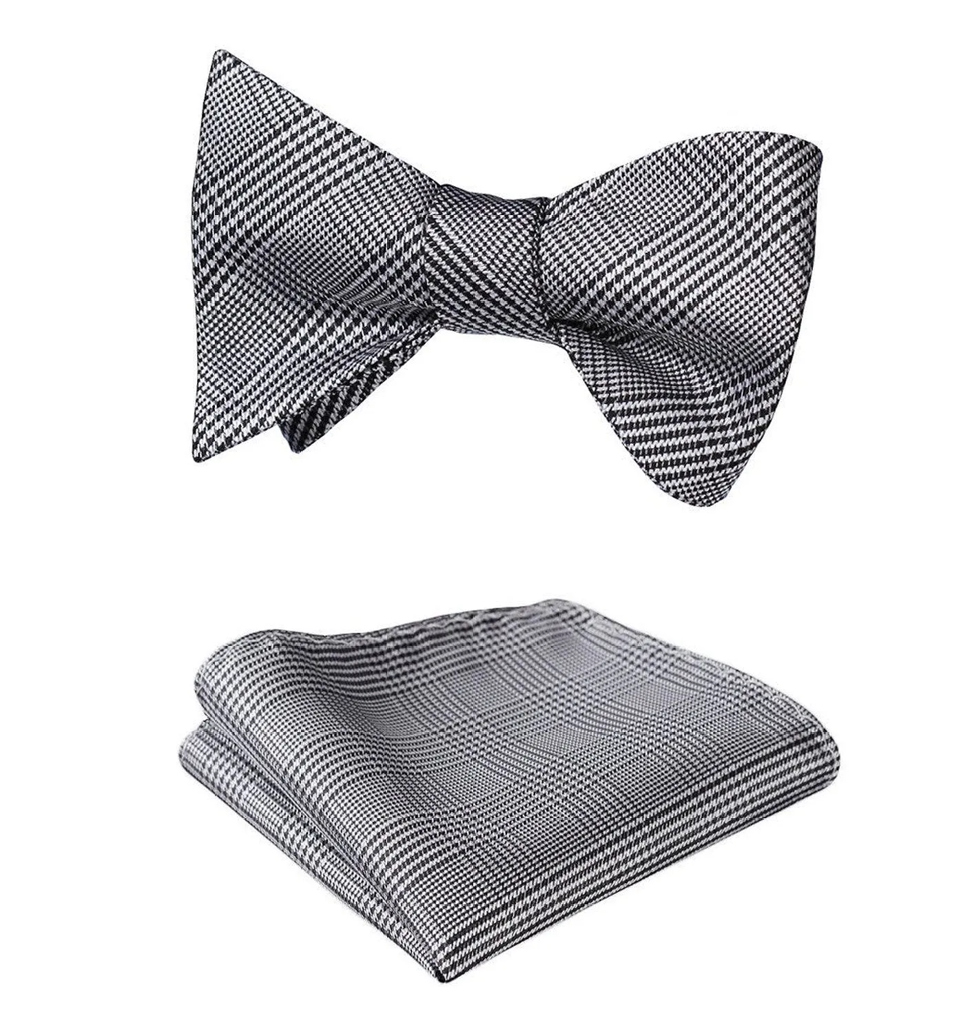 Black White Check Mens Silk Self tie Bow Tie with Pocket Squares Set
