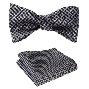 Black With Silver Check Mens Silk Self tie Bow Tie with Pocket Squares Set