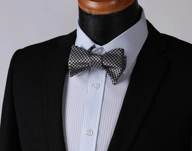 Black With Silver Check Mens Silk Self tie Bow Tie with Pocket Squares Set