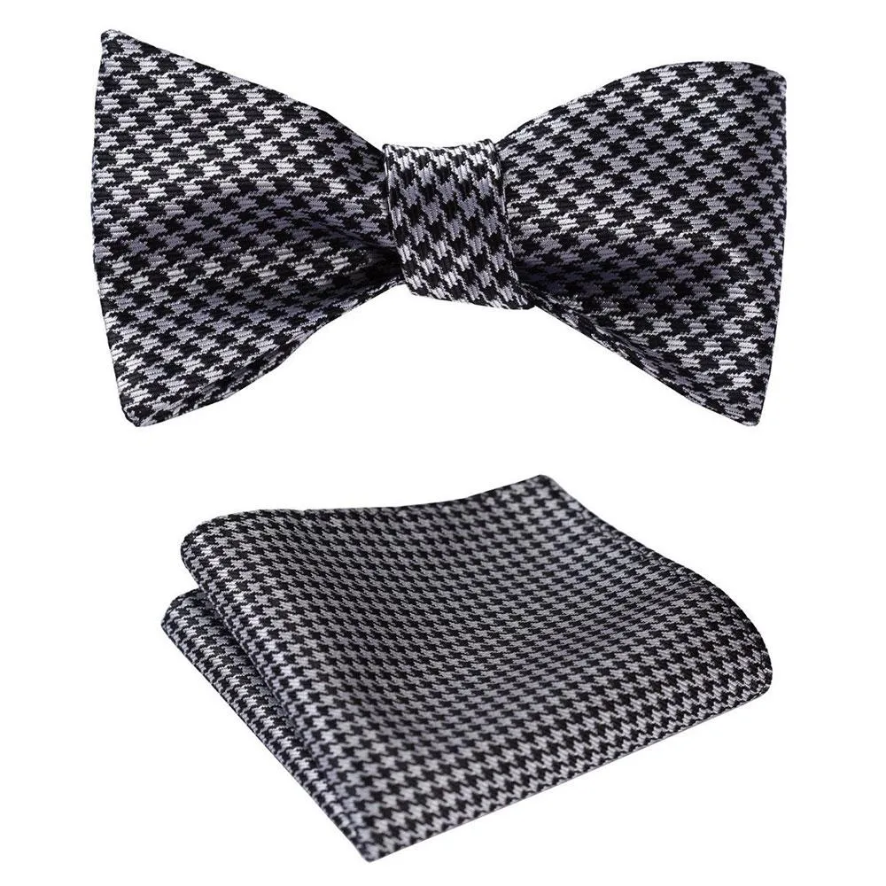 Black With Silver Check Mens Silk Self tie Bow Tie with Pocket Squares Set