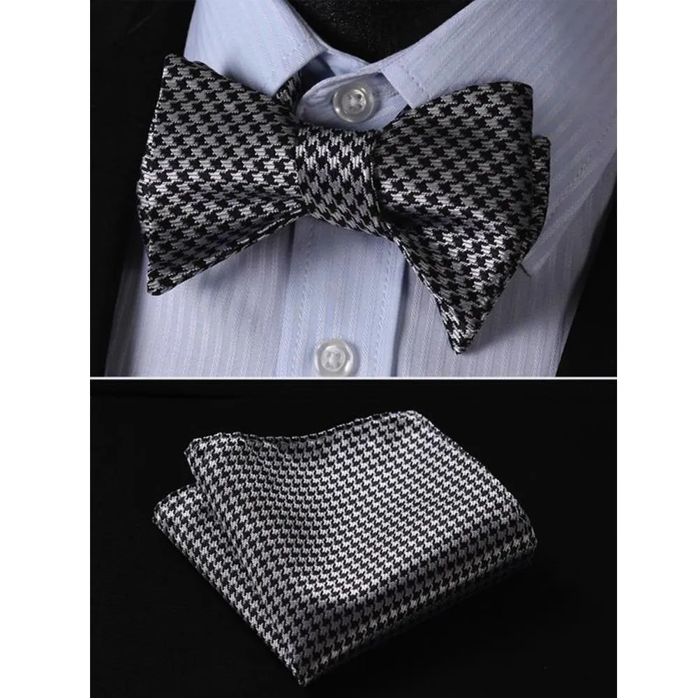 Black With Silver Check Mens Silk Self tie Bow Tie with Pocket Squares Set