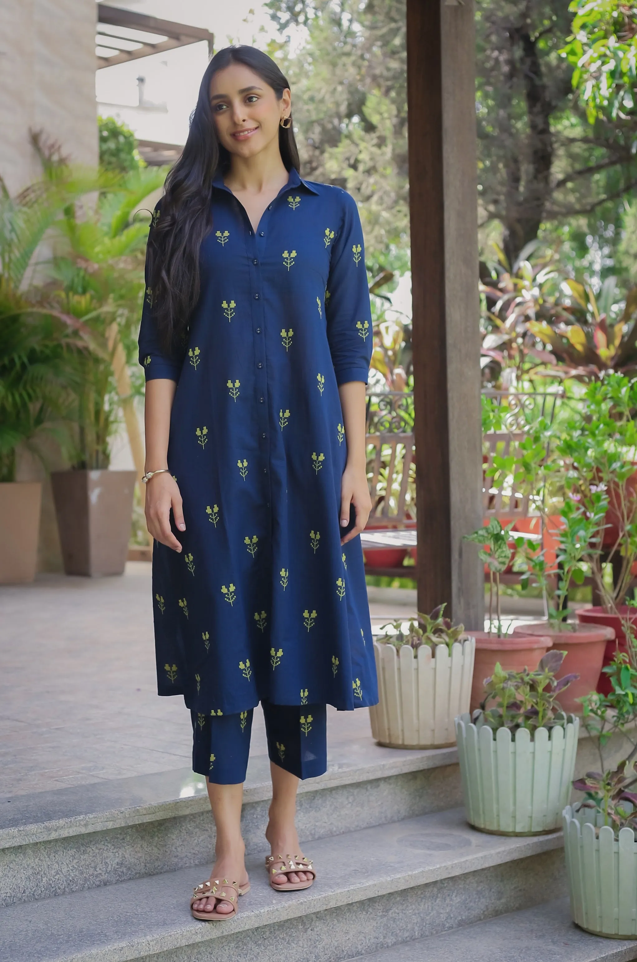 Blue Cotton Pure Ready-To-Wear A-Line Embroidered Co-ord Set With Cullottes