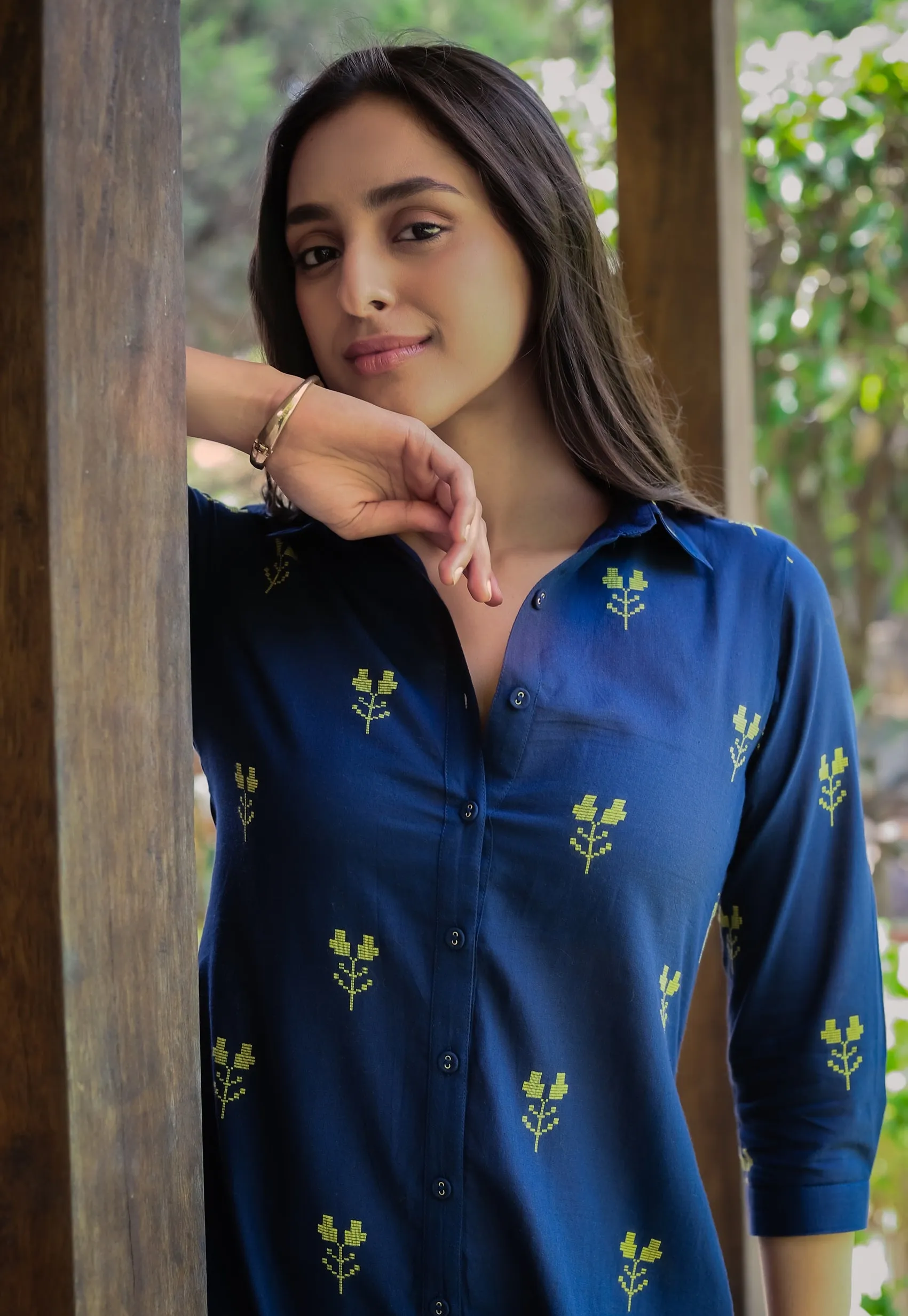 Blue Cotton Pure Ready-To-Wear A-Line Embroidered Co-ord Set With Cullottes