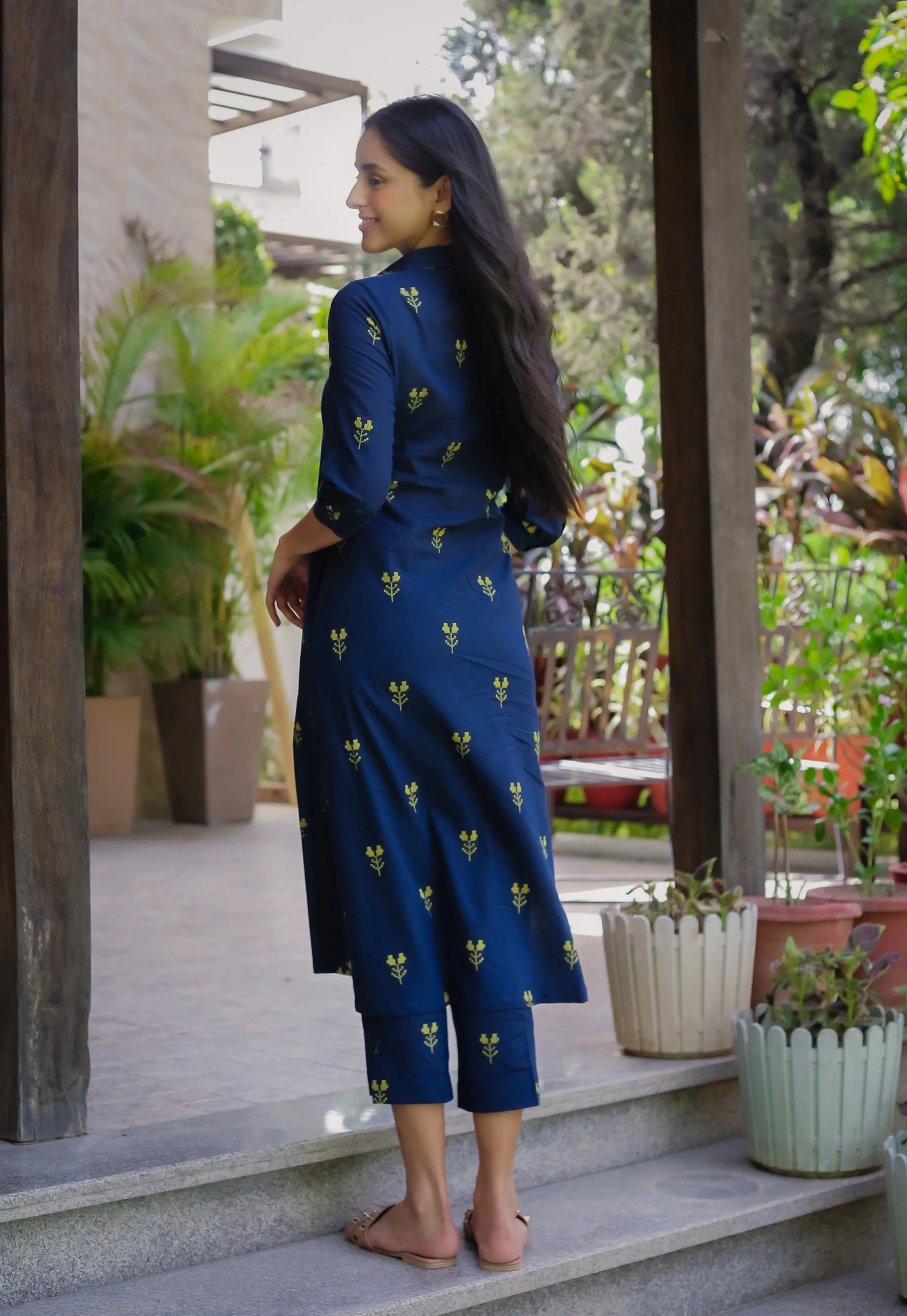 Blue Cotton Pure Ready-To-Wear A-Line Embroidered Co-ord Set With Cullottes