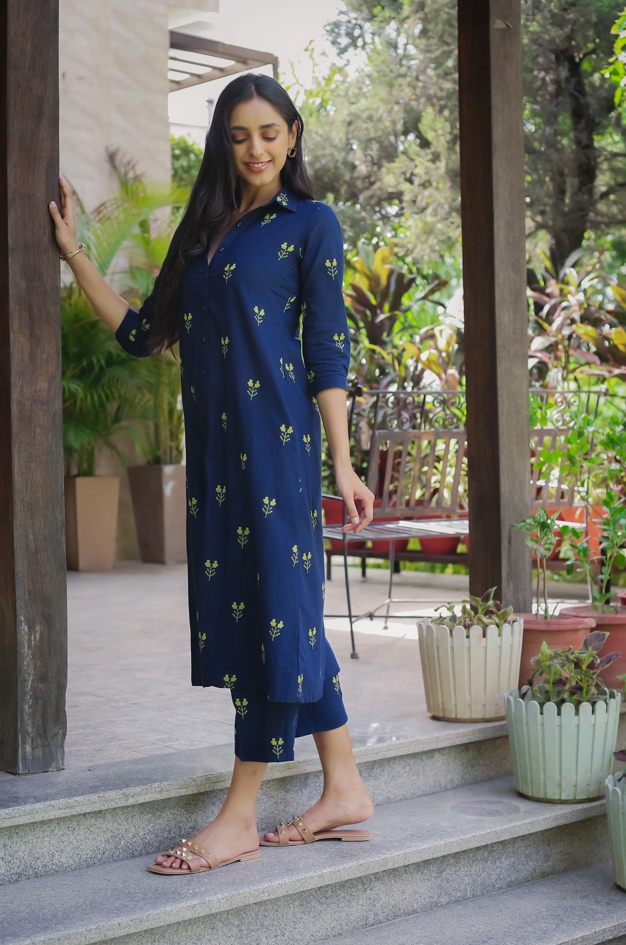 Blue Cotton Pure Ready-To-Wear A-Line Embroidered Co-ord Set With Cullottes