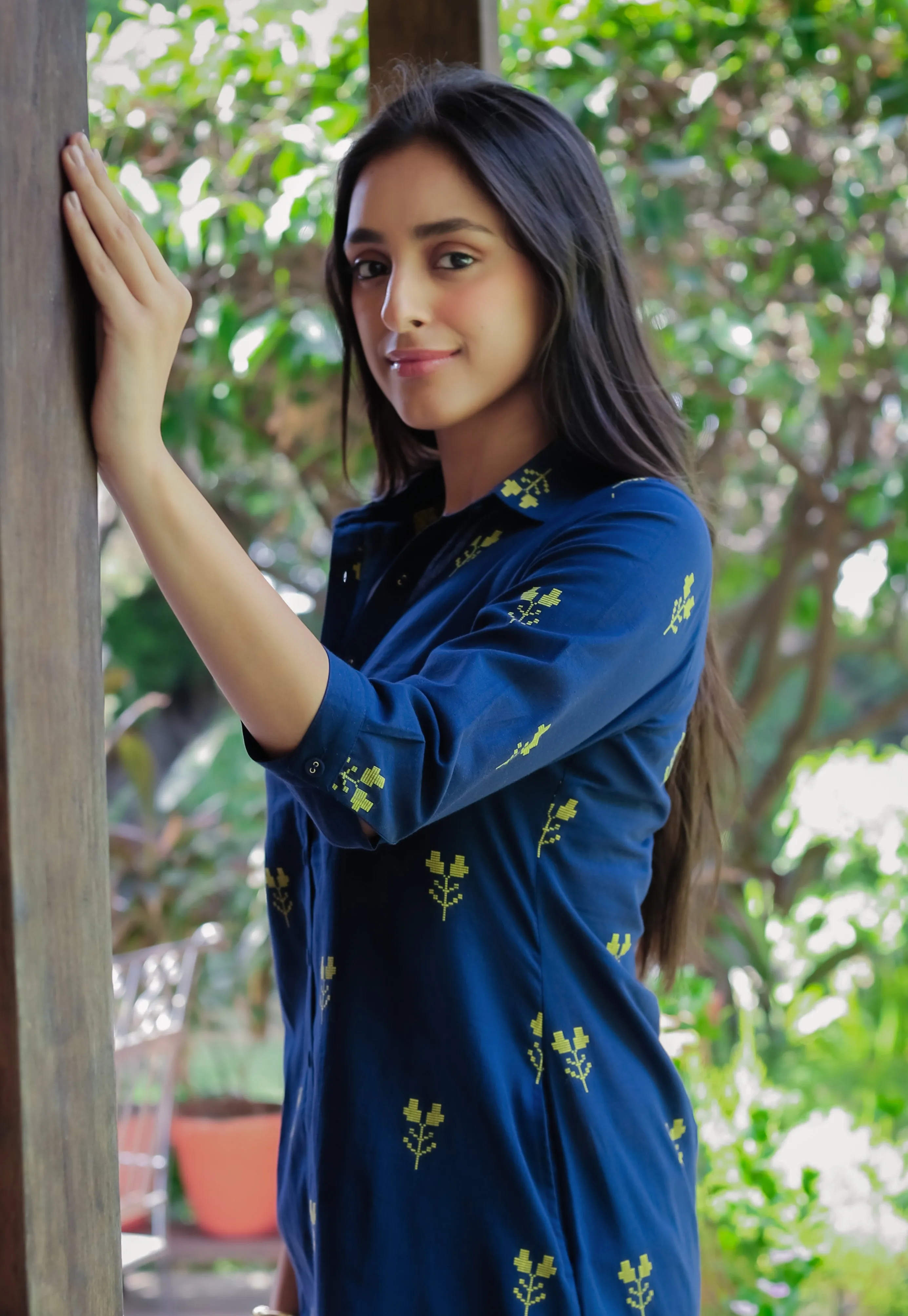 Blue Cotton Pure Ready-To-Wear A-Line Embroidered Co-ord Set With Cullottes