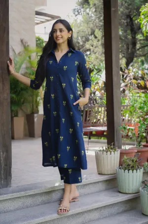 Blue Cotton Pure Ready-To-Wear A-Line Embroidered Co-ord Set With Cullottes