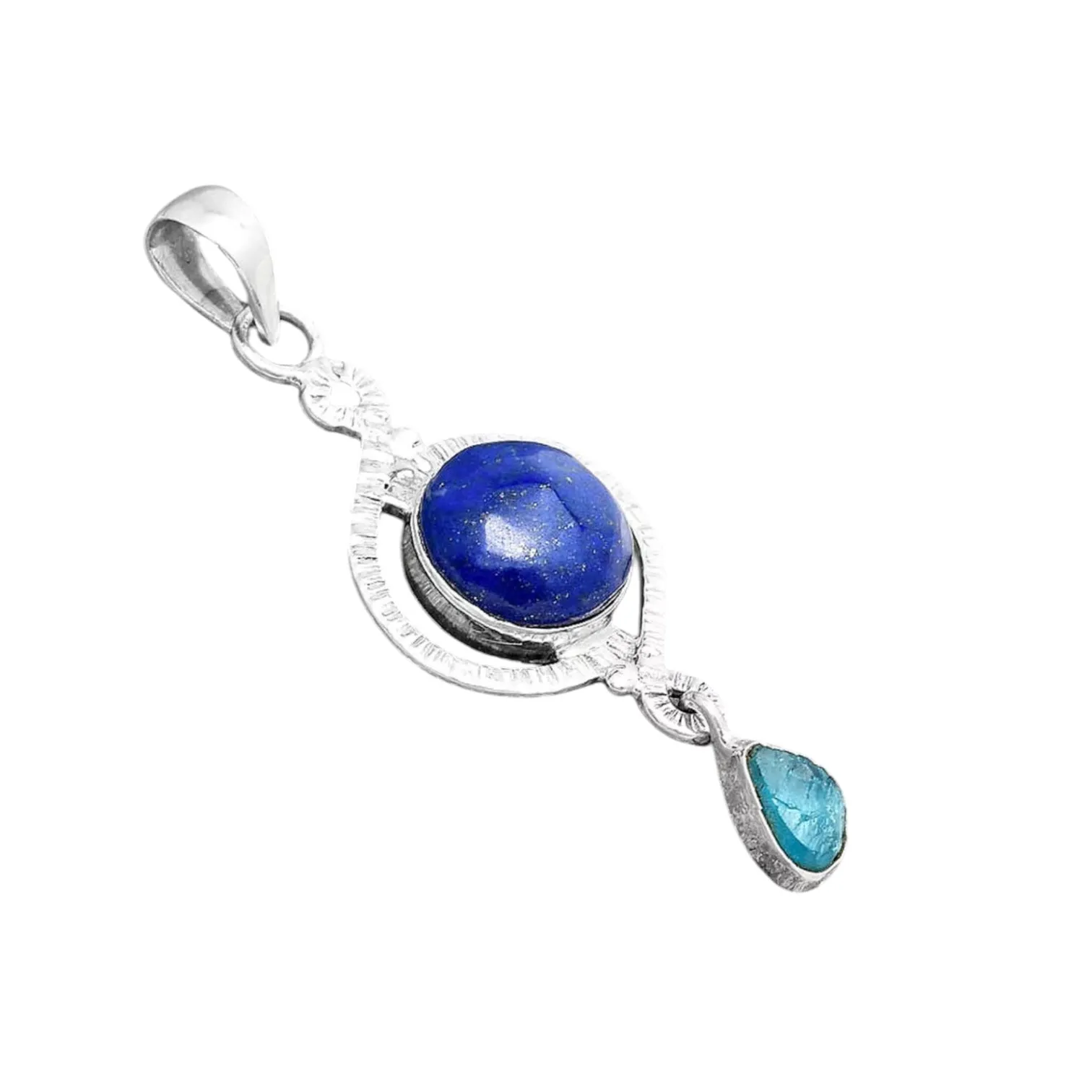 Blue Lapis & Neon Blue Apatite Solid 925 Sterling Silver Pendant