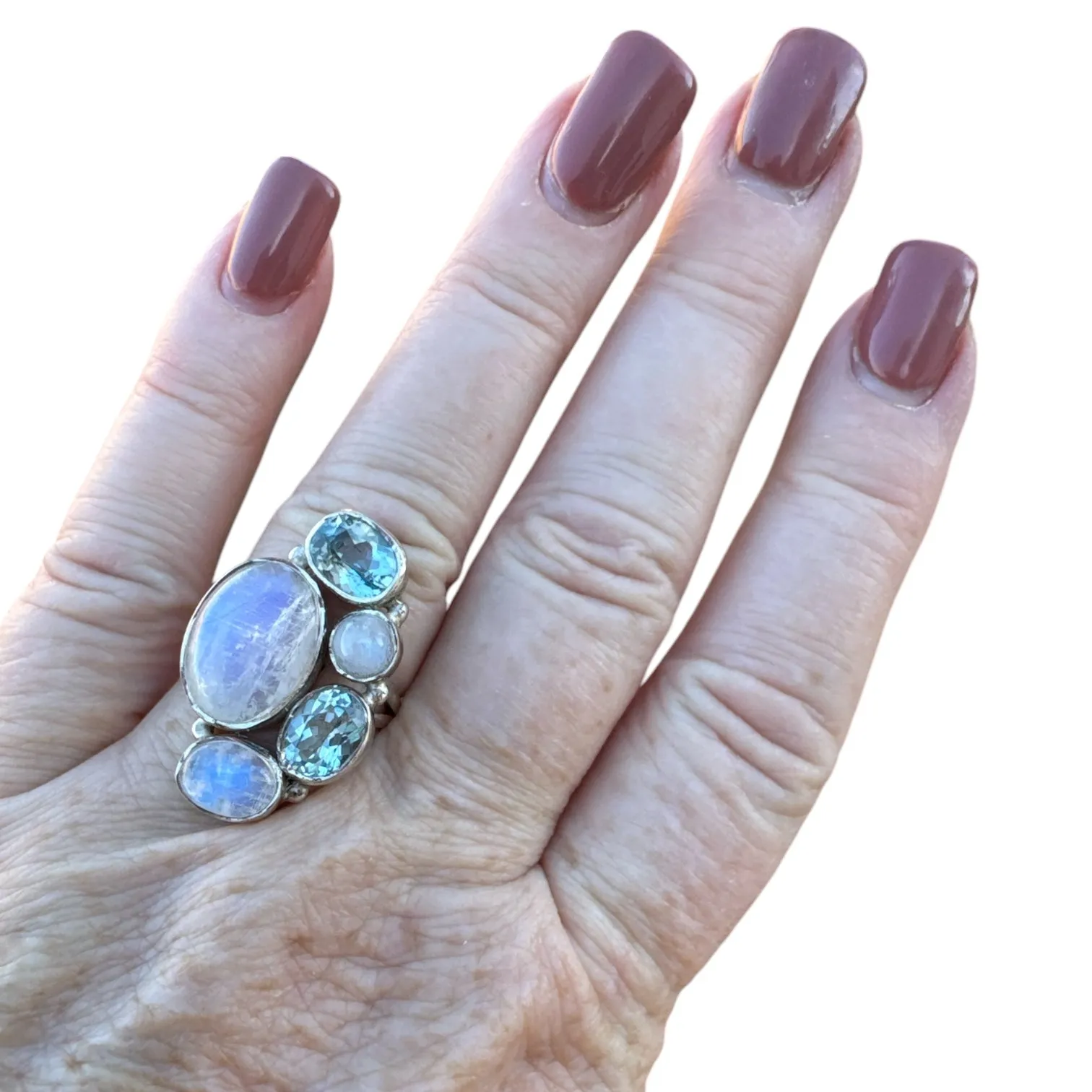 Blue Topaz & Rainbow Moonstone Solid 925 Sterling Silver Ring 7.5