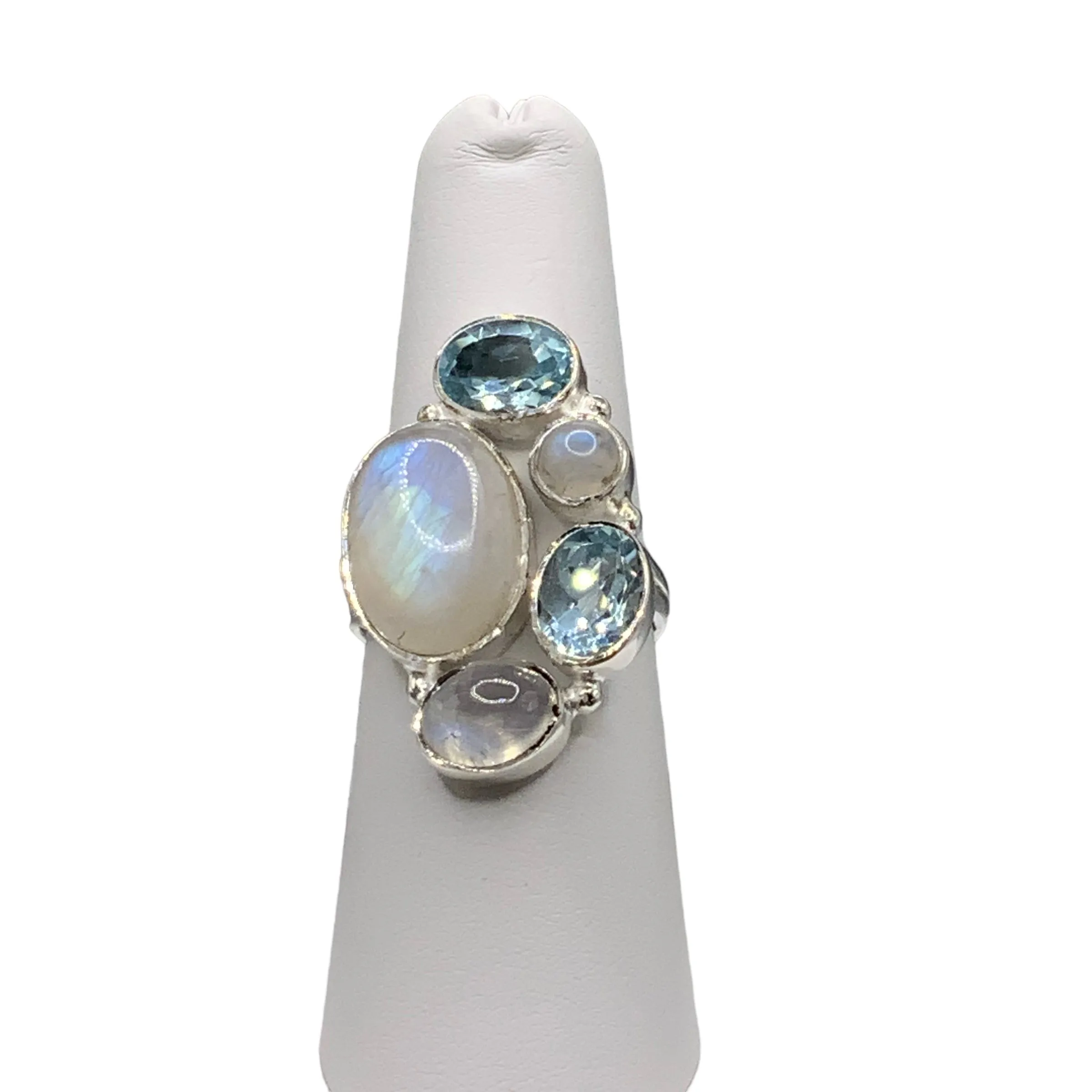 Blue Topaz & Rainbow Moonstone Solid 925 Sterling Silver Ring 7.5