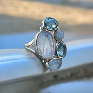 Blue Topaz & Rainbow Moonstone Solid 925 Sterling Silver Ring 7.5