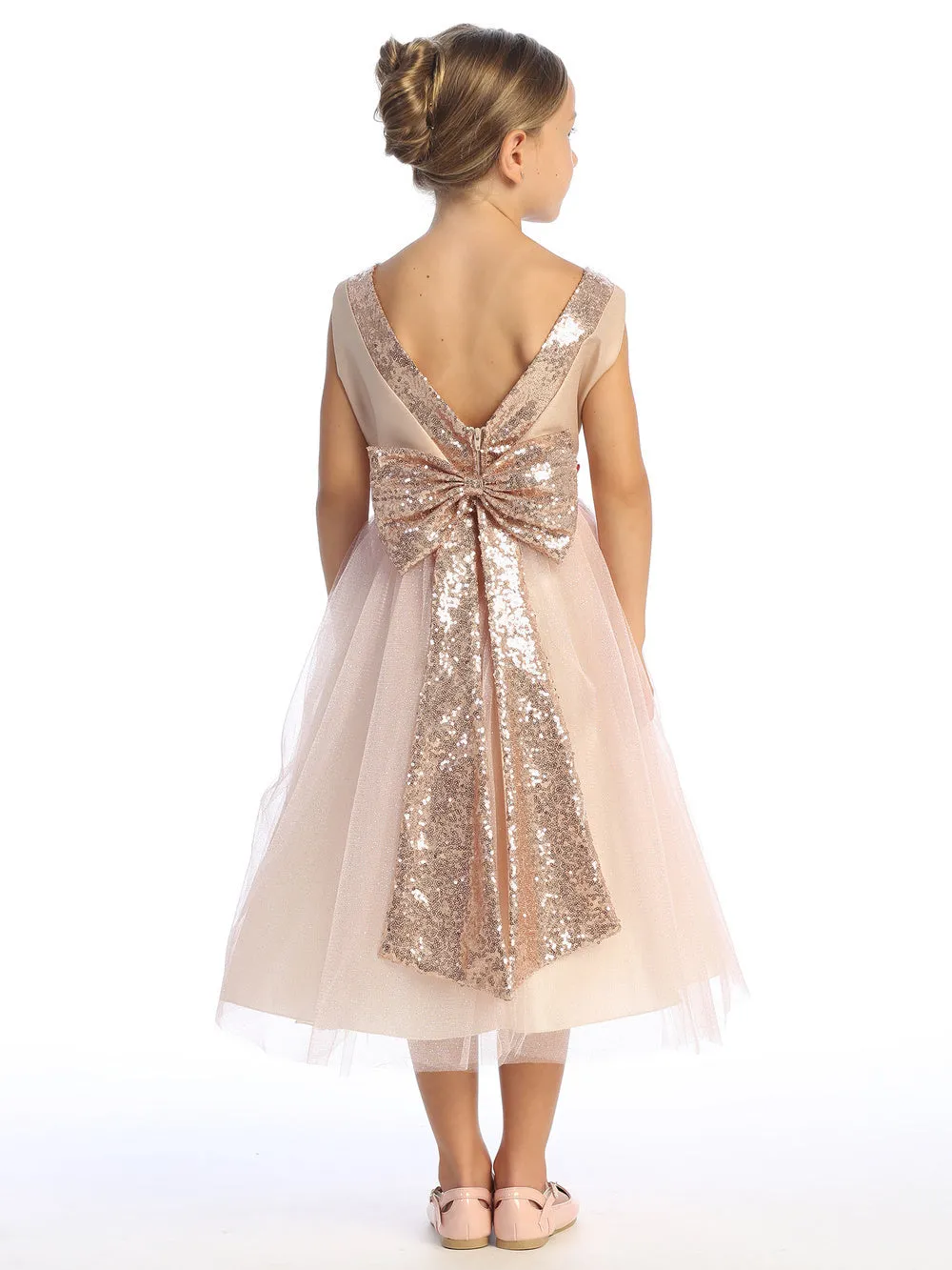 Blush Pink Shantung and Sparkle Tulle Dress with Sequin Sash - BL255-BLSH