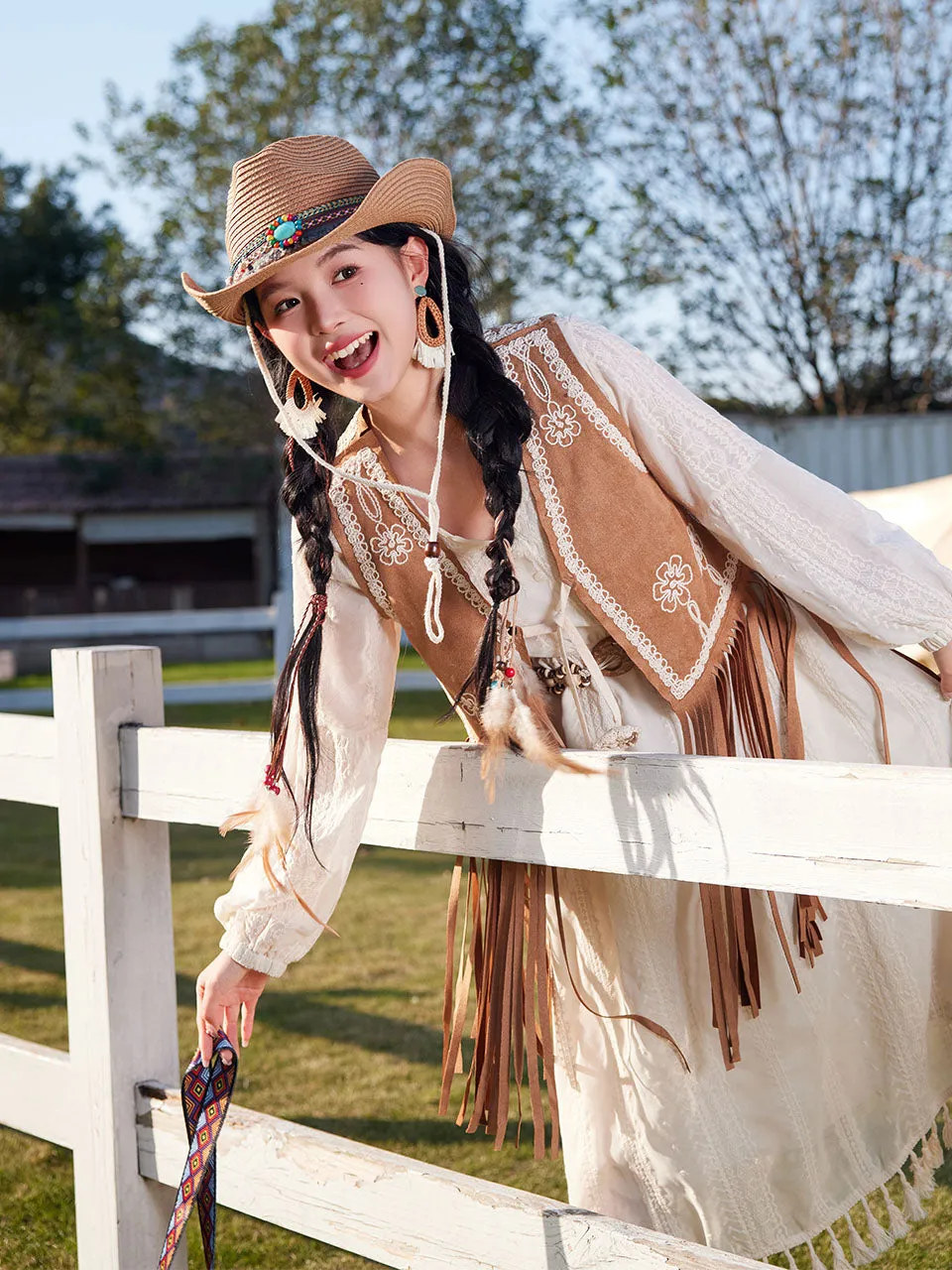 Bohemian White Tassel Cotton Maxi Dress with Suede Embroidered Vest Boho Suit