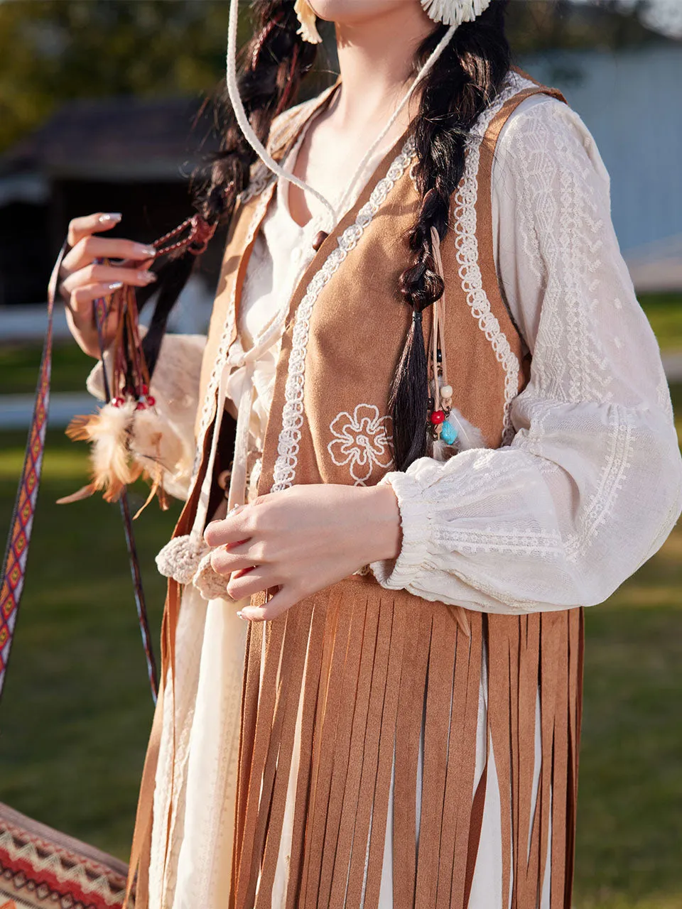 Bohemian White Tassel Cotton Maxi Dress with Suede Embroidered Vest Boho Suit