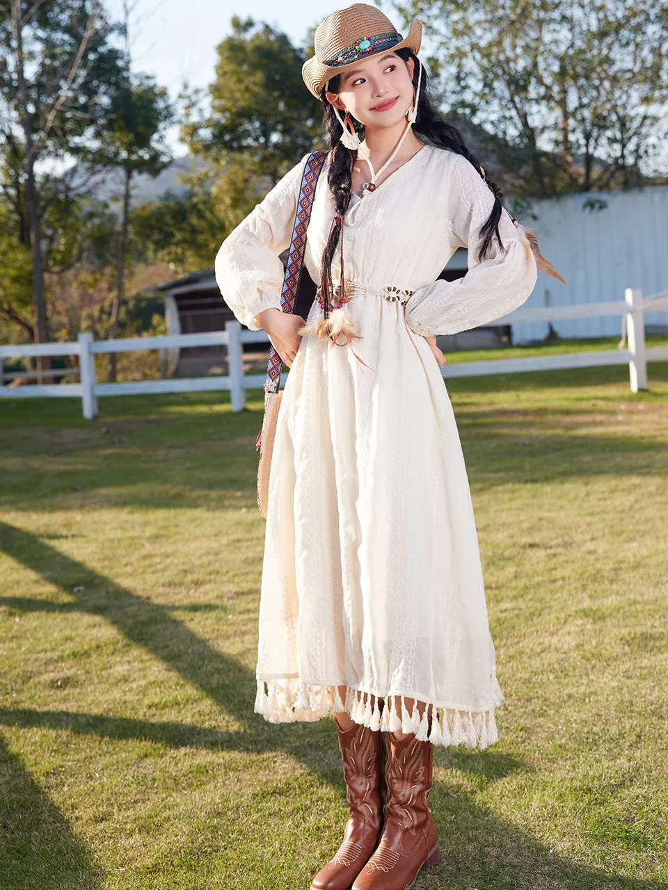 Bohemian White Tassel Cotton Maxi Dress with Suede Embroidered Vest Boho Suit