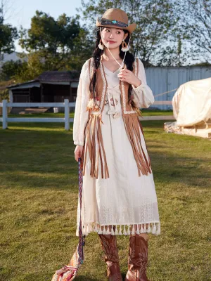 Bohemian White Tassel Cotton Maxi Dress with Suede Embroidered Vest Boho Suit