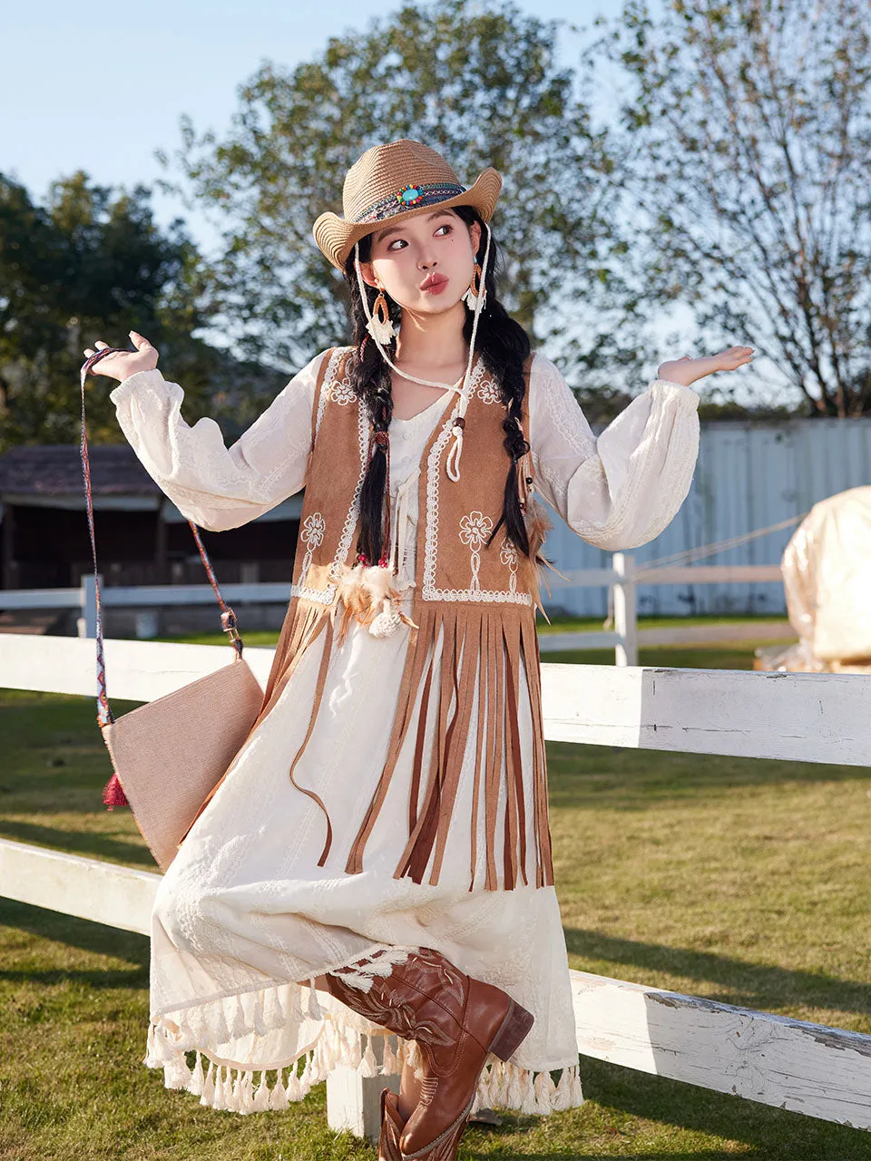 Bohemian White Tassel Cotton Maxi Dress with Suede Embroidered Vest Boho Suit